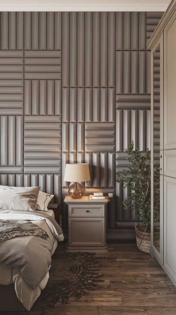 A modern bedroom features a striking geometric PVC wall panel design, incorporating varied ribbed sections in a dark, sophisticated tone to create a unique backdrop.