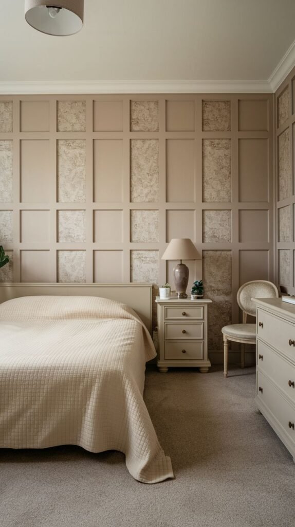 An inviting bedroom with elegant beige grid wall paneling, some sections featuring textured inserts, offering a refined look that can be achieved with PVC materials.