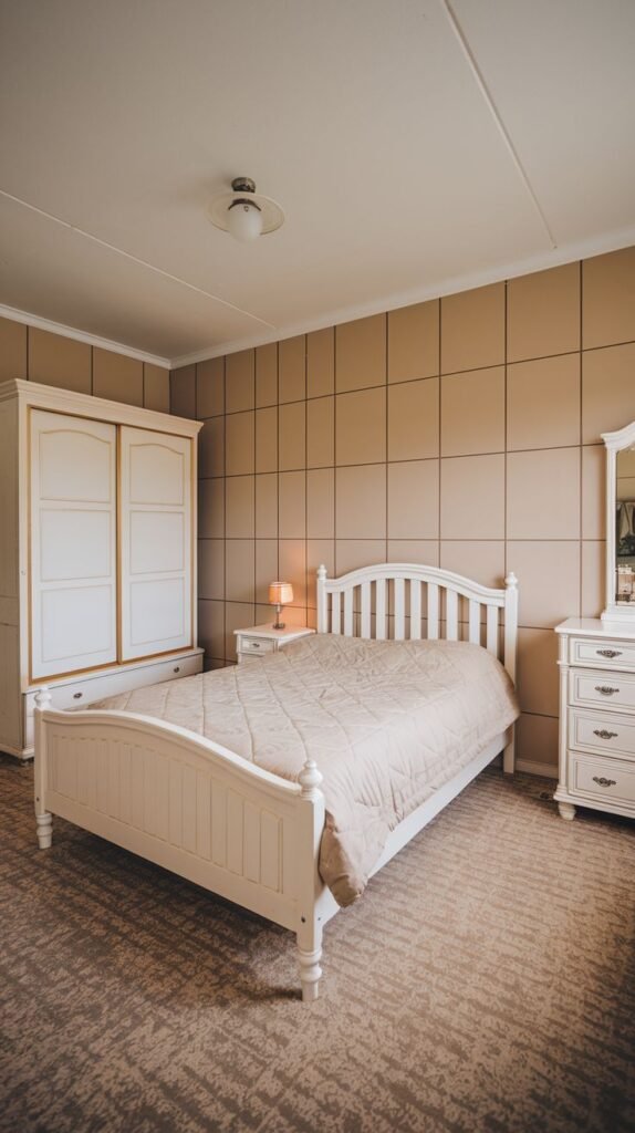 A charming bedroom features extensive grid-style wall paneling in a warm beige, creating a structured and cozy ambiance, suitable for PVC applications.