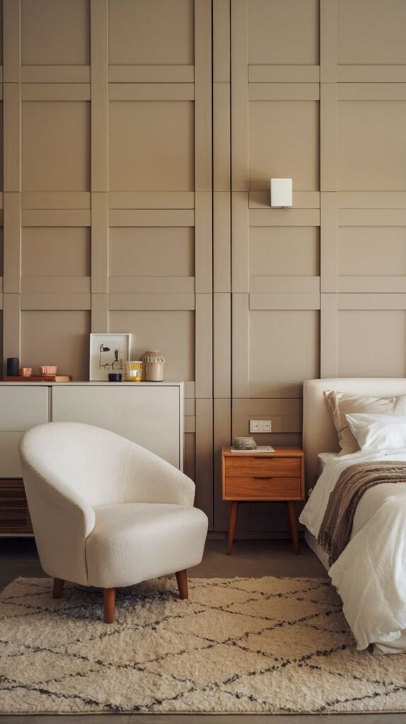 A contemporary bedroom with sleek grid-patterned wall paneling in a neutral beige, providing a sophisticated backdrop, an excellent design for PVC.