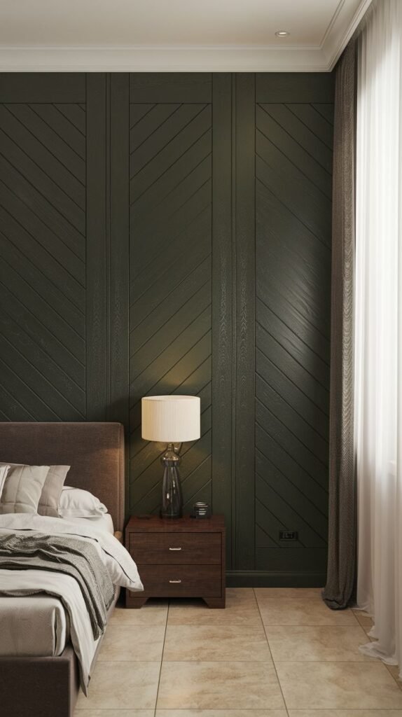 A dramatic and elegant bedroom showcases dark green wooden wall panels in a chic chevron pattern, offering a bold design statement, possible with PVC finishes.