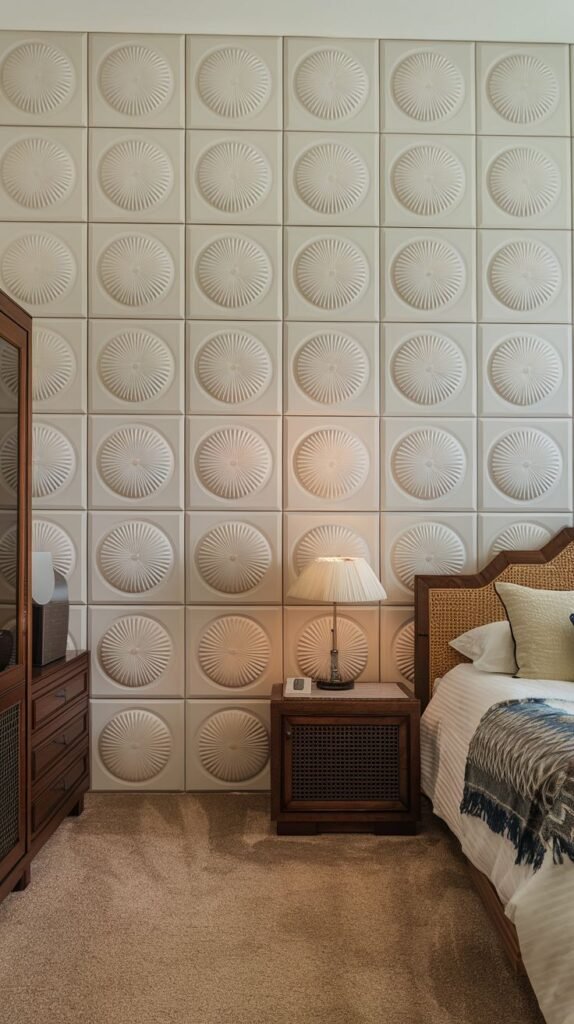 An artistic bedroom features unique white sculptural circular PVC wall panel tiles, creating an embossed focal point behind the bed.