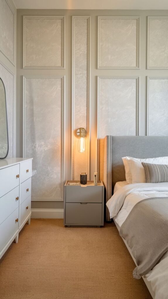 A stylish bedroom with light grey framed wall panels that include subtle patterned inserts, enhancing visual interest and elegance, a great option for PVC designs.