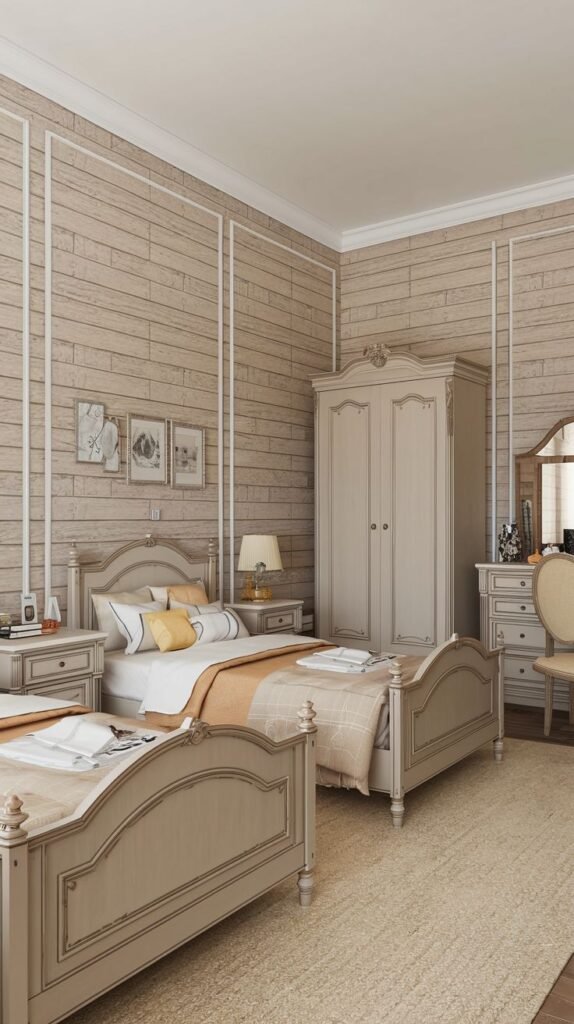 A charming bedroom blends rustic brick-effect walls with elegant white framed panels, creating a unique traditional aesthetic that can incorporate PVC elements.