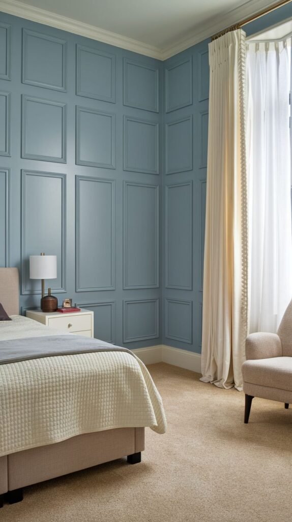 A calming bedroom features soothing dusty blue wall paneling with classic rectangular frames, creating a peaceful and inviting atmosphere, ideal for PVC materials.