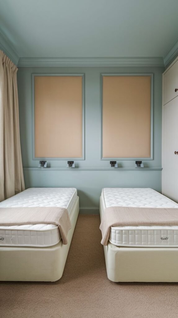 A serene twin bedroom showcasing light blue walls with elegant framed panel sections, an ideal design for a tranquil PVC interior.