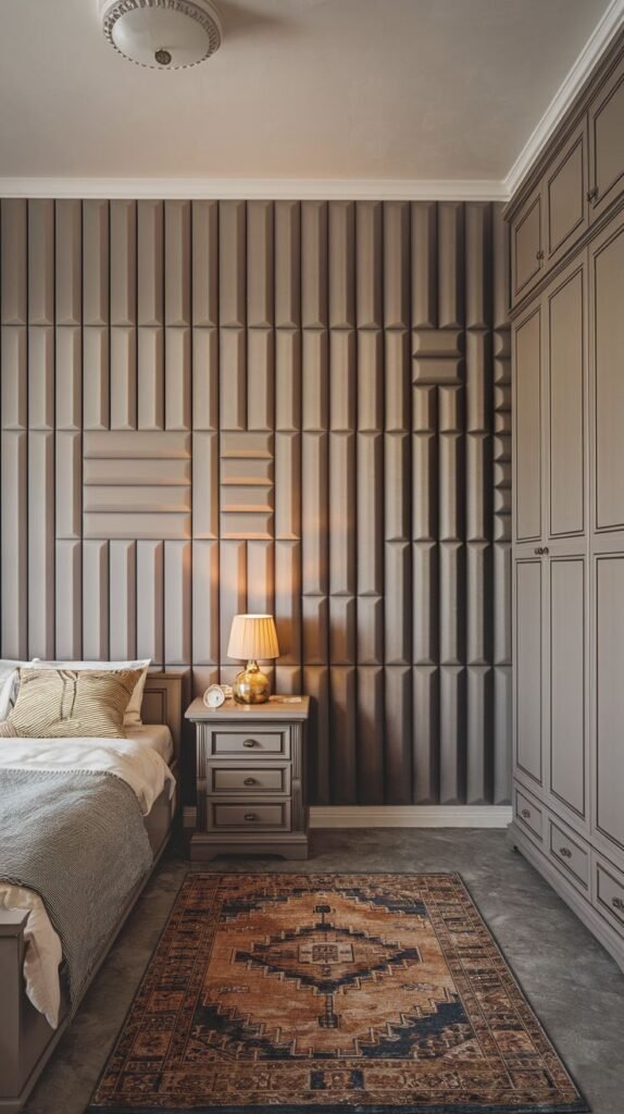 A visually dynamic bedroom highlights textured geometric PVC wall panels, arranged in an intriguing multi-directional pattern, adding depth and modern flair.