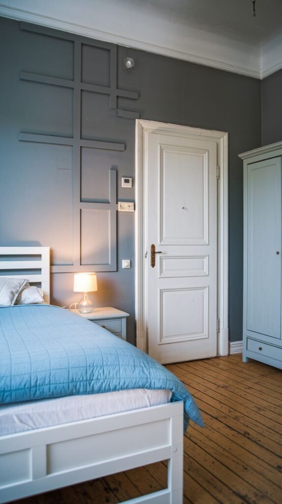 A modern bedroom presents an asymmetrical geometric wall paneling design in a muted grey, offering a contemporary and artistic focal point, suitable for PVC construction.
