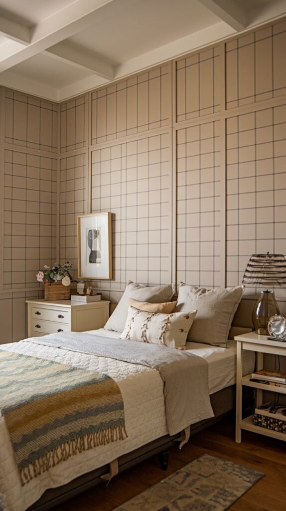 A serene bedroom incorporates light-toned grid wall paneling with fine, contrasting lines, adding subtle structure and elegance, a design adaptable for PVC.