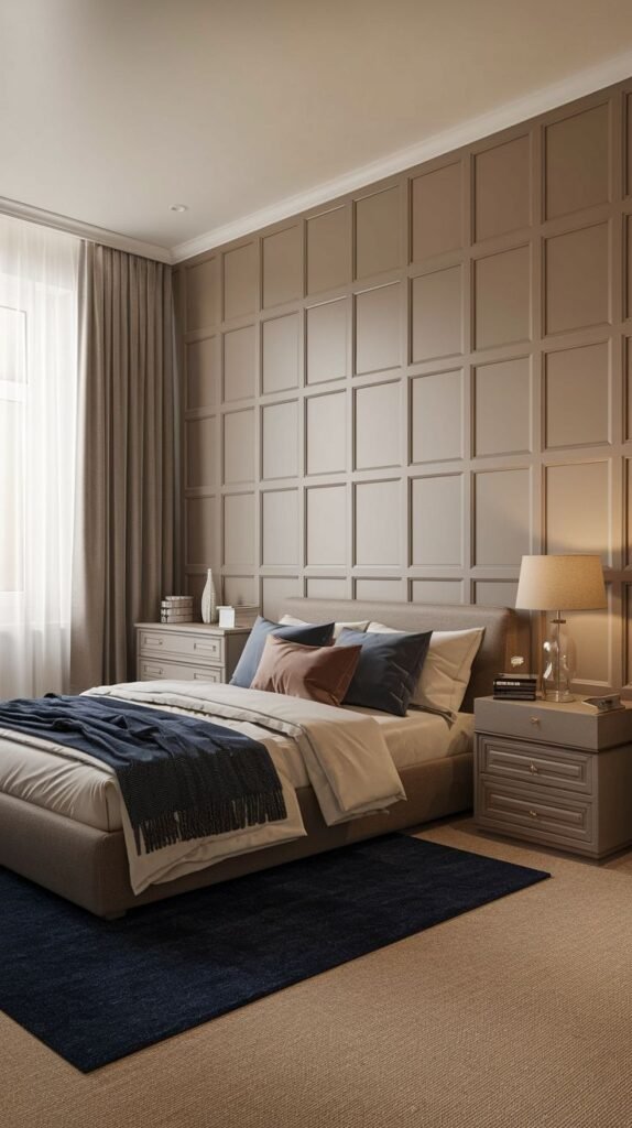 An elegant bedroom showcases extensive beige grid wall paneling, creating a cohesive and sophisticated environment, perfectly suited for PVC installations.