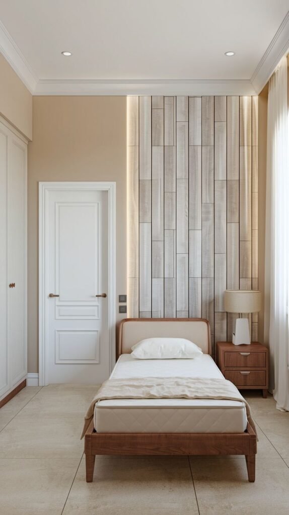 A contemporary single bedroom is enhanced by a vertical wooden panel accent wall with hidden backlighting, providing a warm glow, a design that can be mimicked with PVC.