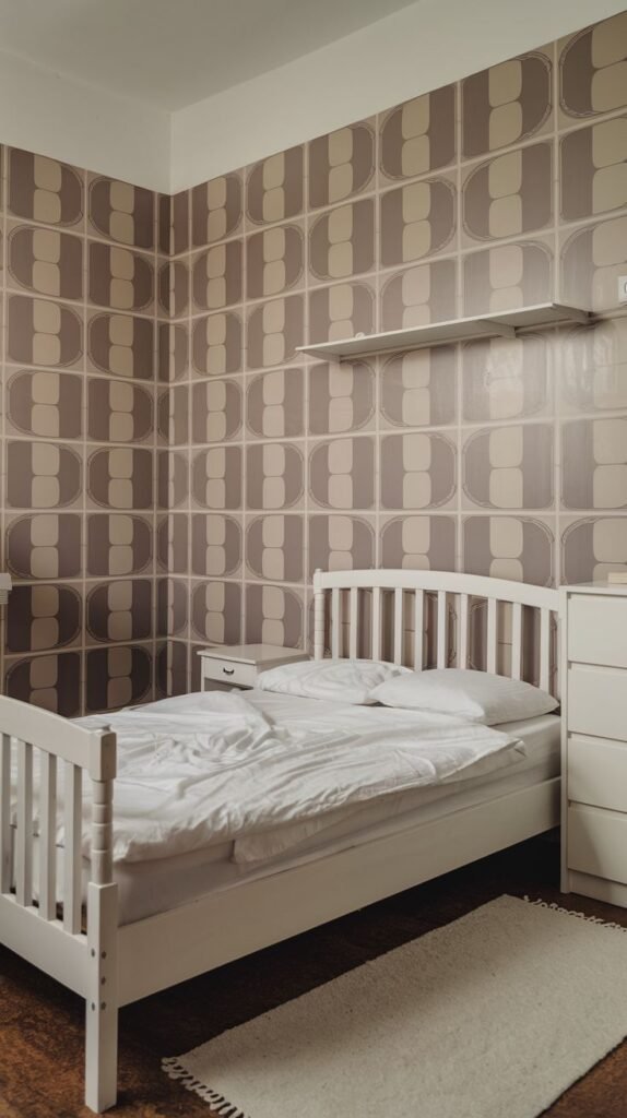 A vibrant bedroom features a bold, retro-patterned wall covering, providing a unique backdrop that could be achieved with decorative PVC paneling.