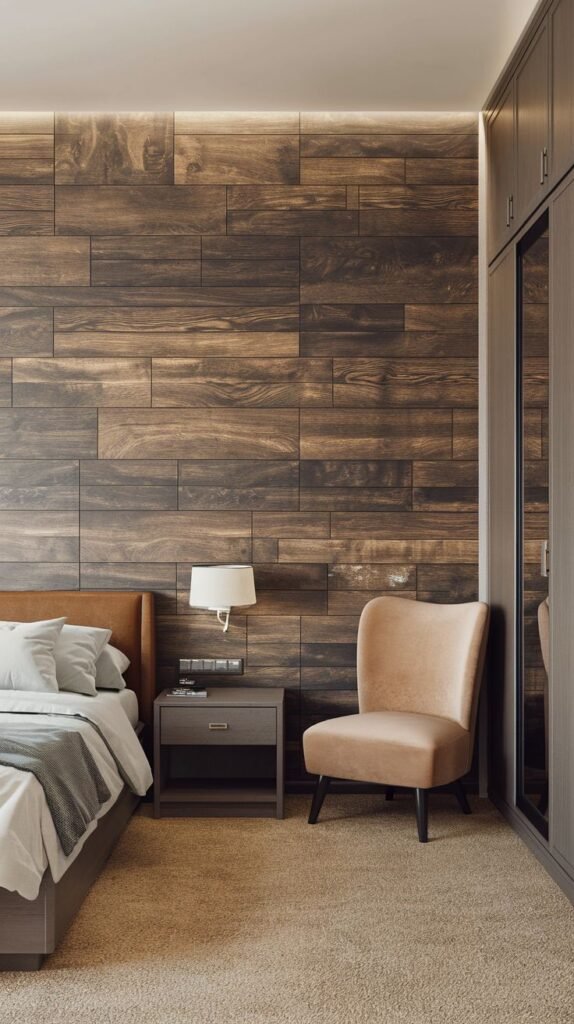 A sophisticated bedroom highlights a prominent dark wooden plank wall paneling, offering a warm and rich texture that could be replicated with PVC for durability.