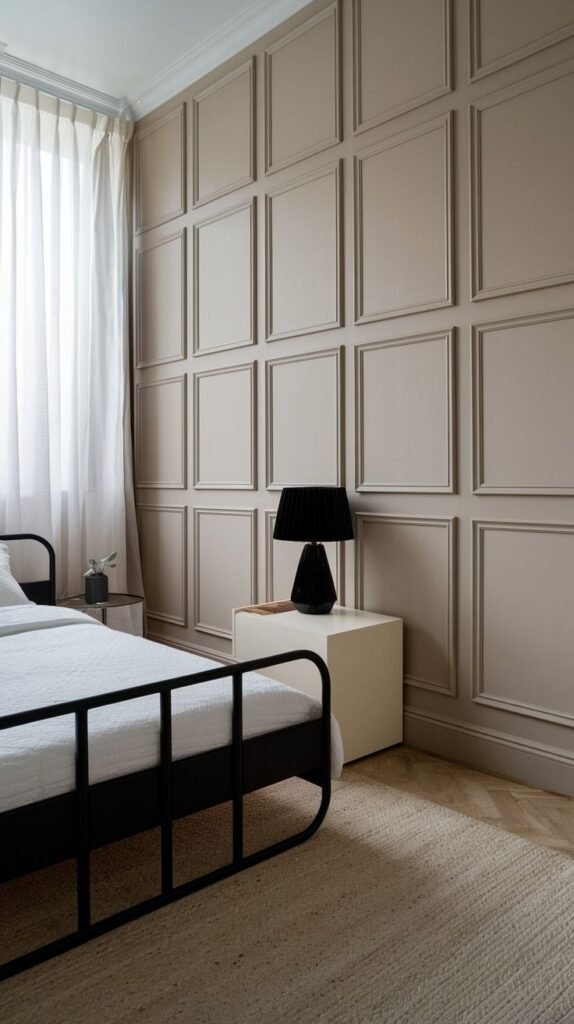 An elegant bedroom with neutral beige wall paneling defined by classic rectangular mouldings, presenting a timeless aesthetic achievable with PVC materials.
