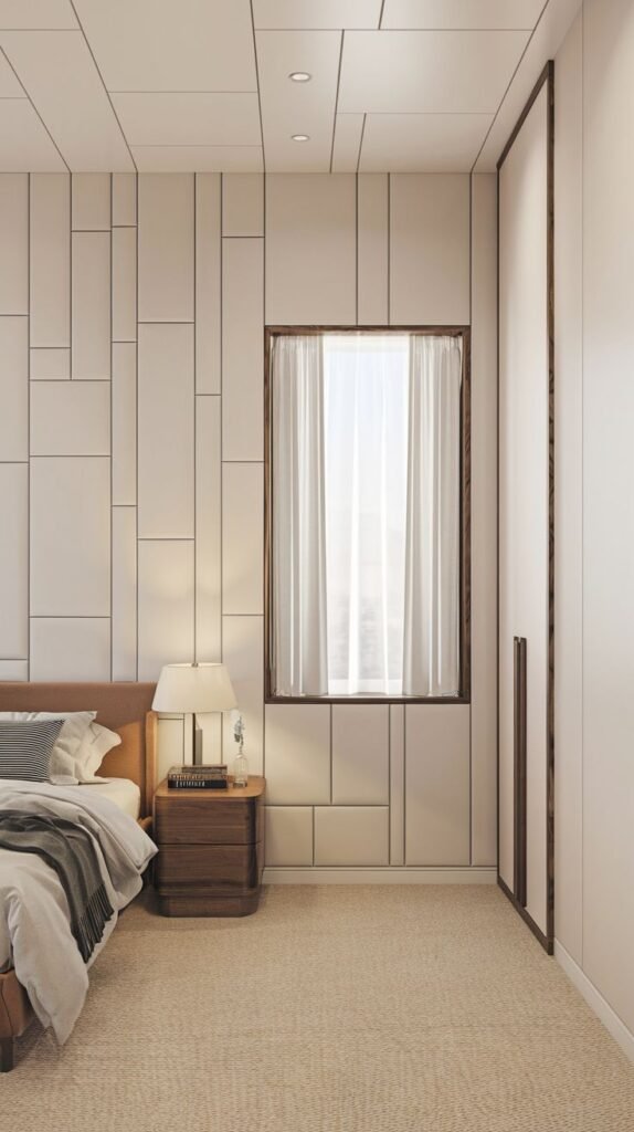 A contemporary bedroom design features light-colored geometric wall paneling, creating a modern focal point around the bed and window, perfectly suitable for PVC applications.