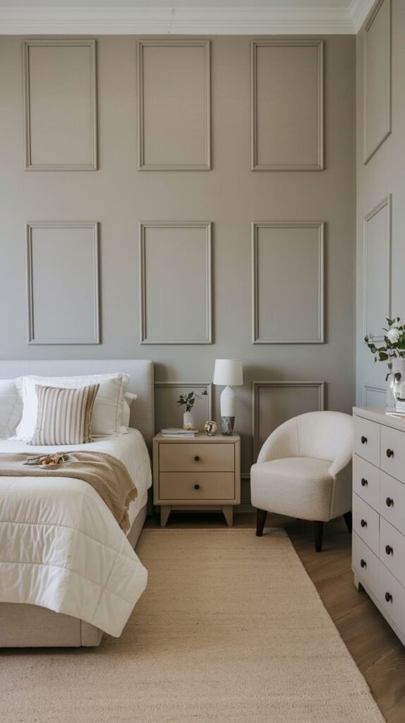 A refined bedroom displays elegant framed wall panels in a soft grey tone, adding architectural interest and a sophisticated touch, ideal for PVC installations.