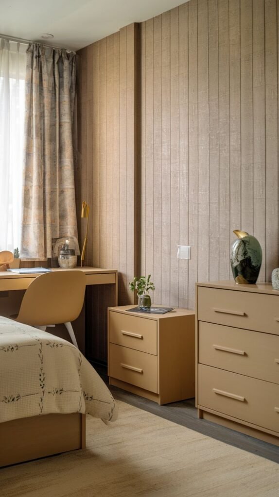 A cozy bedroom utilizes vertical strip wall paneling in a warm, textured finish, creating depth and a harmonious design, suitable for PVC material.