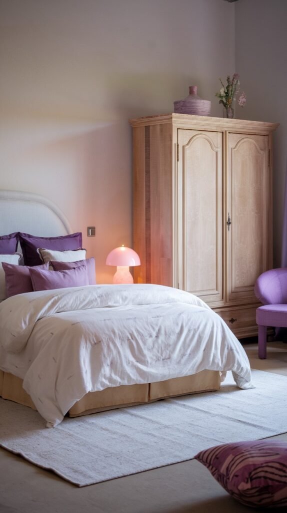 A pretty gentle bedroom with soft purple accents, featuring a white bed with purple pillows, a large wooden wardrobe, and a pink mushroom-shaped lamp on a nightstand.
