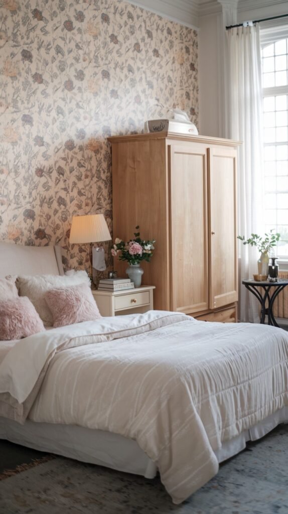 A serene and pretty gentle bedroom with a floral wallpaper accent wall, a wooden wardrobe, a bed with light bedding and pink pillows, and ample natural light from a large window.