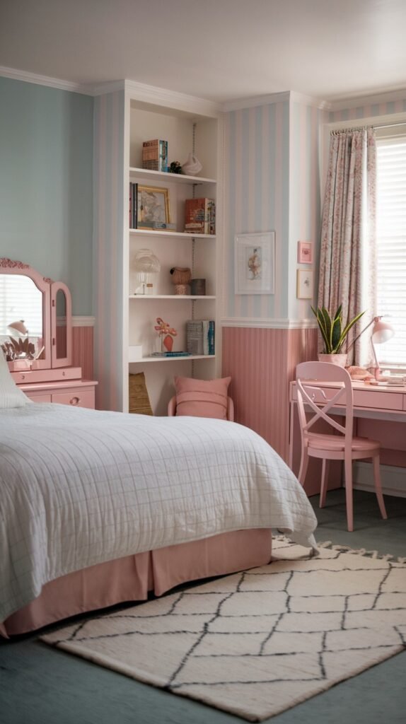 A playful and pretty gentle bedroom featuring light blue and pink striped walls, a bed with pink bedding, a pink vanity with a mirror, and a pink desk area.