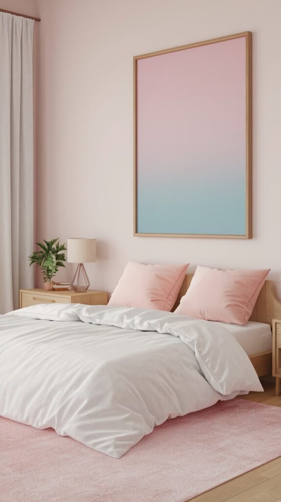 A minimalist and pretty gentle bedroom with pink walls, a large framed art piece with a pink and blue gradient, a wooden bed, and light pink bedding.