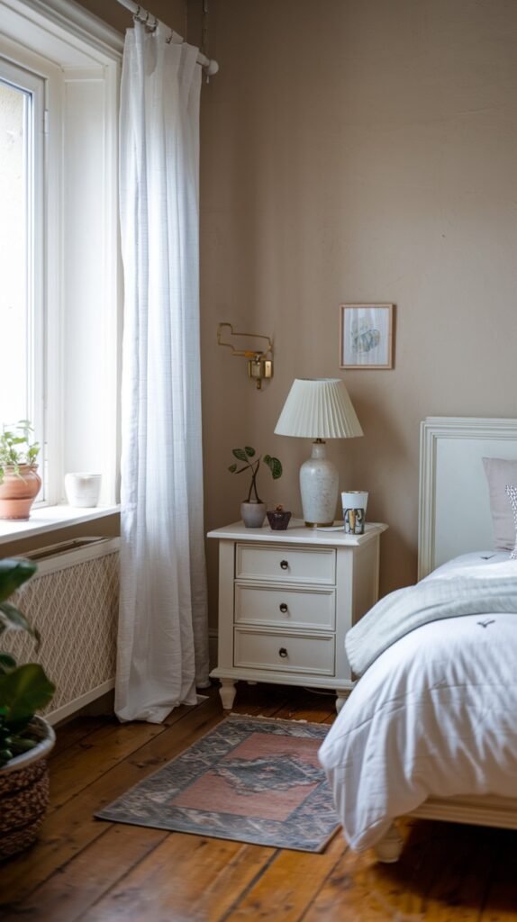 A cozy and pretty gentle bedroom with neutral-toned walls, featuring a white bed, a wooden nightstand with a lamp, and a small patterned rug by a large window.