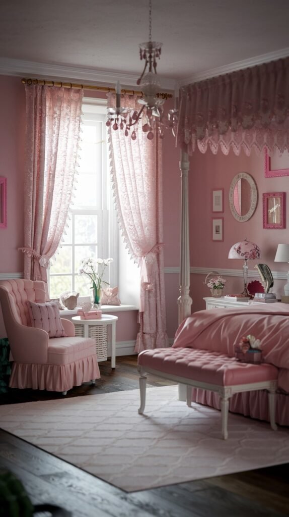 An elegant and pretty gentle bedroom in shades of pink, featuring a white four-poster bed with drapes, ornate pink curtains, a pink armchair, and a crystal chandelier.