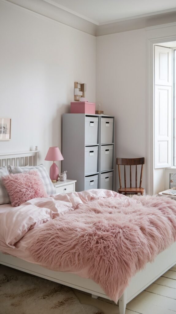 A bright and pretty gentle bedroom with white walls, a white bed covered with a large pink fluffy throw, a grey modular storage unit, and a pink bedside lamp.
