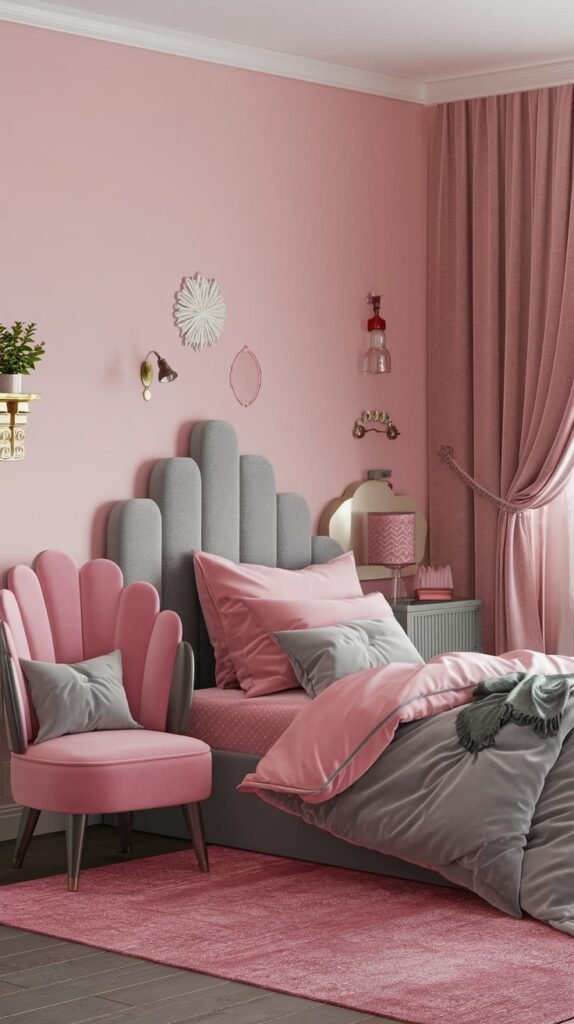 A modern and pretty gentle bedroom with pink walls, a distinctive grey upholstered headboard, a pink scallop-backed armchair, and a geometric pink and grey rug.
