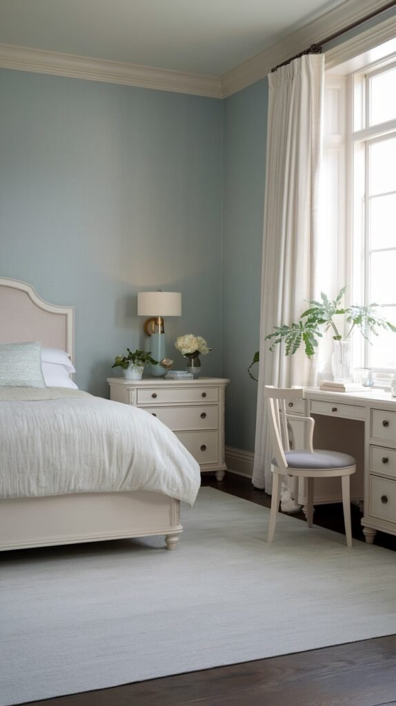 A classic and pretty gentle bedroom with light blue walls, a cream upholstered bed, a white three-drawer nightstand, and a matching desk with a chair.