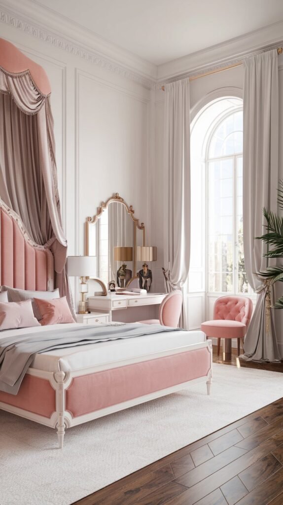 A luxurious and pretty gentle bedroom with a large pink upholstered bed and canopy, an ornate mirrored vanity, a pink armchair, and a grand arched window.
