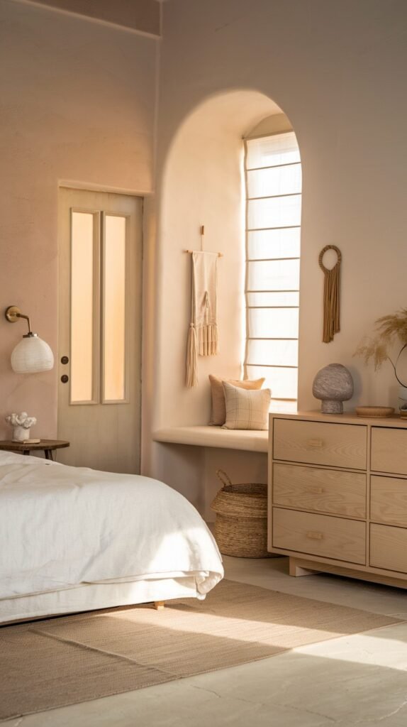 A warm and pretty gentle bedroom bathed in soft sunlight, featuring an arched window, a bed with white bedding, and a light wooden dresser with multiple drawers.