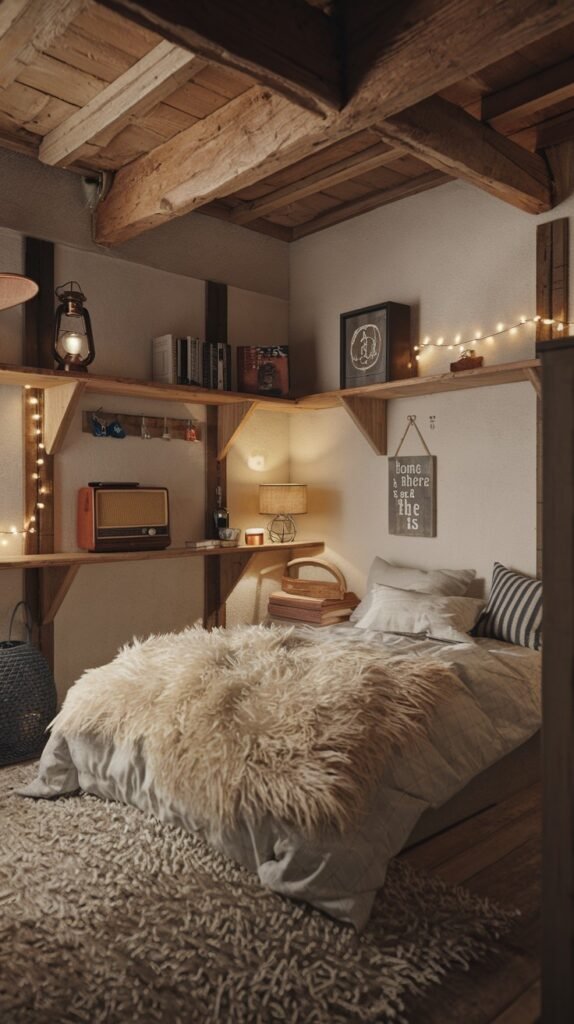 A cozy, pretty gentle bedroom with exposed wooden beams, a bed covered in a fluffy beige throw, illuminated by string lights and featuring rustic shelves with decor.