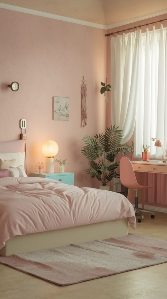 A cheerful and pretty gentle bedroom with pink walls, a bed with pink bedding, a light blue nightstand, a pink desk with a chair, and a tall green plant.