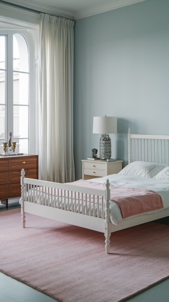 A serene and pretty gentle bedroom with light blue walls, a white spindle bed frame with a pink throw, a soft pink rug, and a white nightstand.