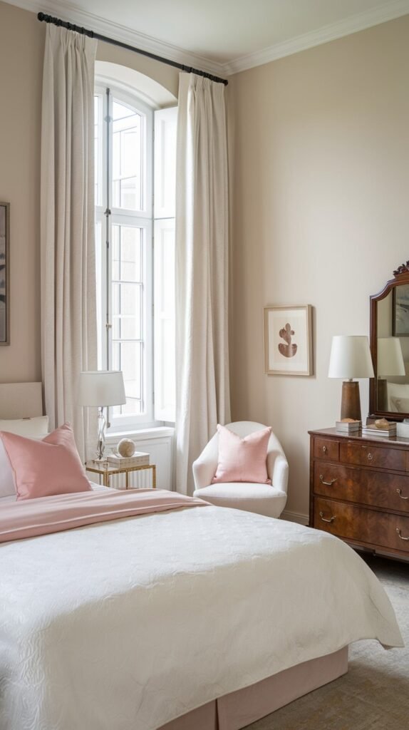 A calming and pretty gentle bedroom in neutral tones, featuring a white bed with pink pillows, a dark wooden dresser, and a large window with white curtains.