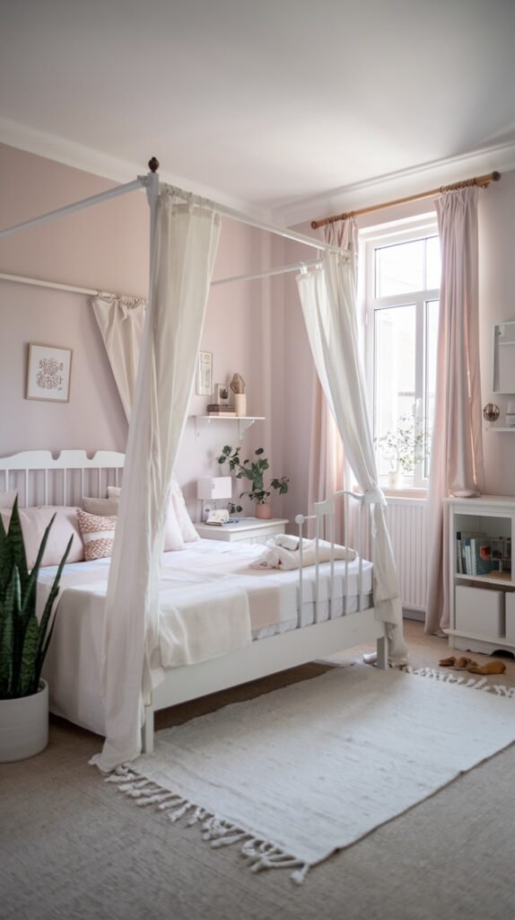 A bright and pretty gentle bedroom with pink walls, a white four-poster bed with white drapes, wall shelves with decorative items, and a window with pink curtains.
