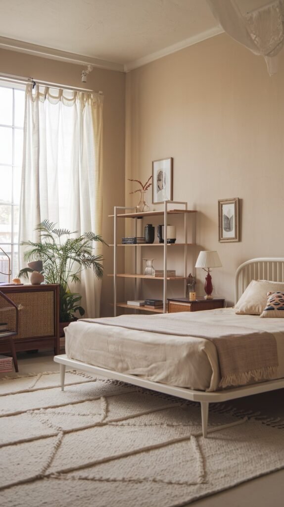 A minimalist and pretty gentle bedroom in neutral tones, featuring a white metal bed frame, a rattan dresser, a white open shelving unit, and a large window.