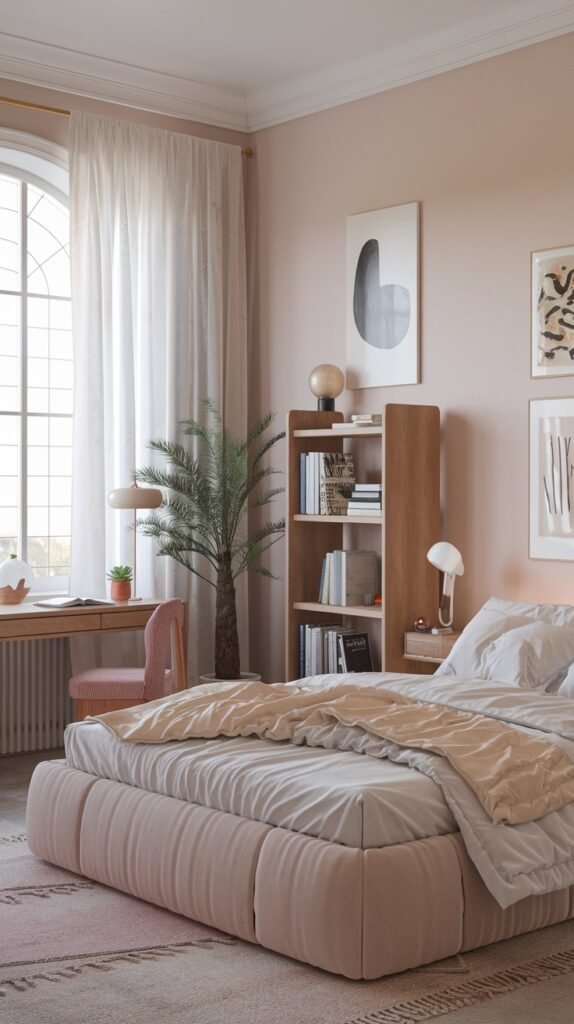 A contemporary and pretty gentle bedroom with pink walls, a large upholstered bed, a wooden bookshelf, a desk with a pink chair, and a grand arched window.