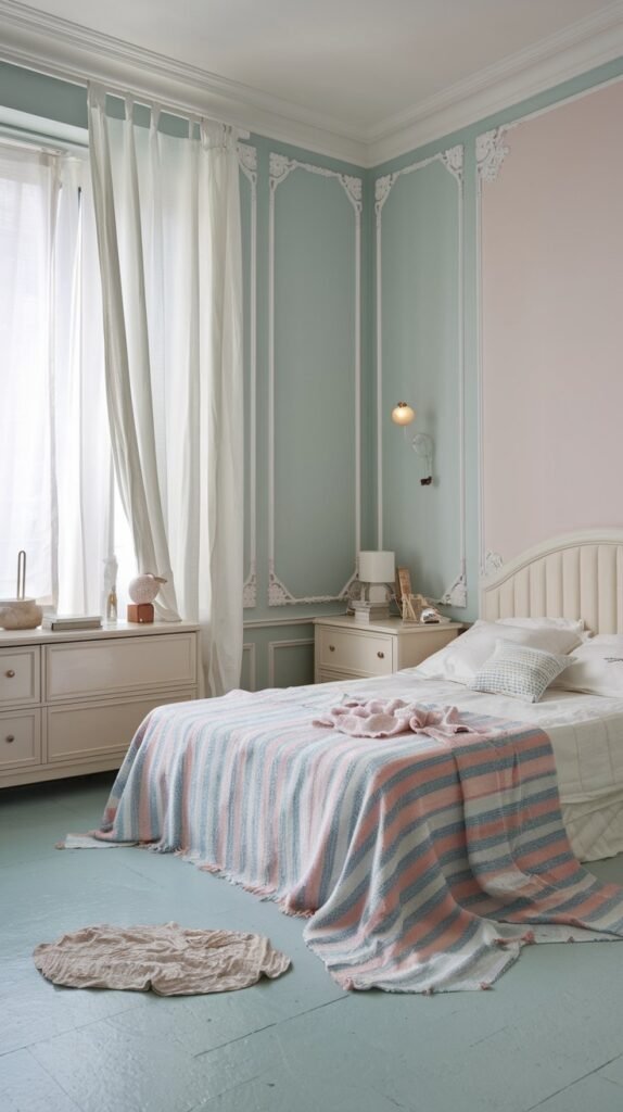 A chic and pretty gentle bedroom with split light blue and pink walls, ornate wall molding, a bed with white bedding and a striped throw, and sheer white curtains.