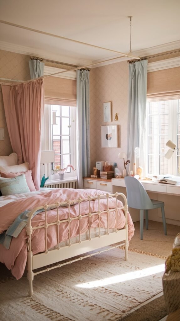 A patterned and pretty gentle bedroom with patterned beige walls, a white metal bed frame, pink and light blue curtains, and a white desk with a light blue chair.