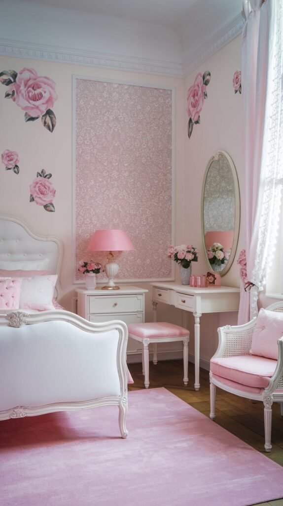 An elegant and pretty gentle bedroom decorated with rose wall decals, a white upholstered bed, a pink vanity table with a stool, and a soft pink rug.