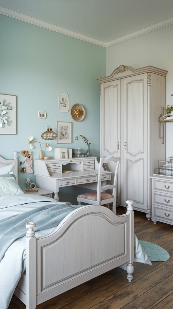 A pretty gentle bedroom decorated in light green and white, featuring classic white wooden furniture including an ornate bed, a desk with a chair, and a large wardrobe.