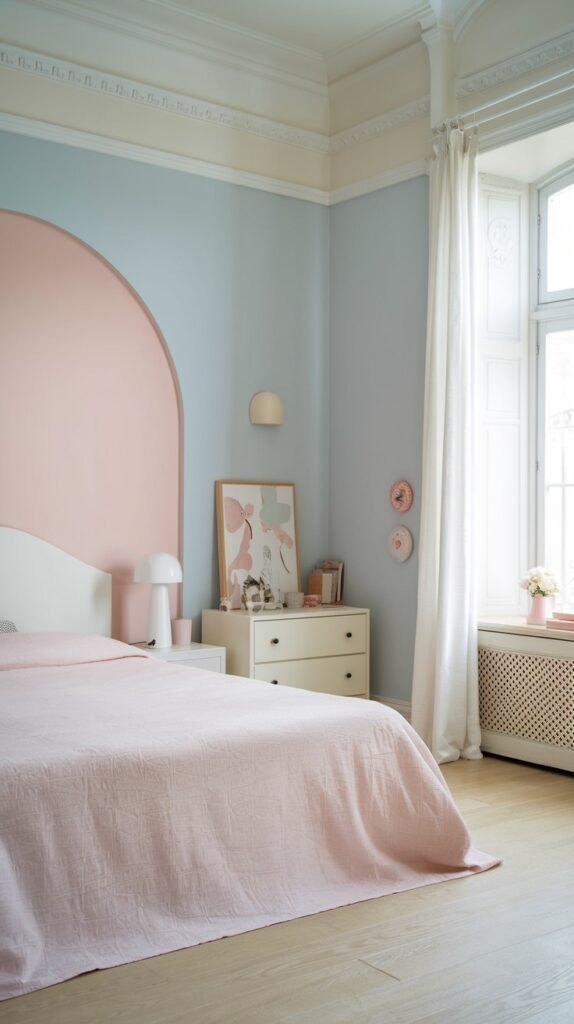 A modern and pretty gentle bedroom featuring a light blue wall with a pink arched accent behind the white bed, a white nightstand, and a large window.