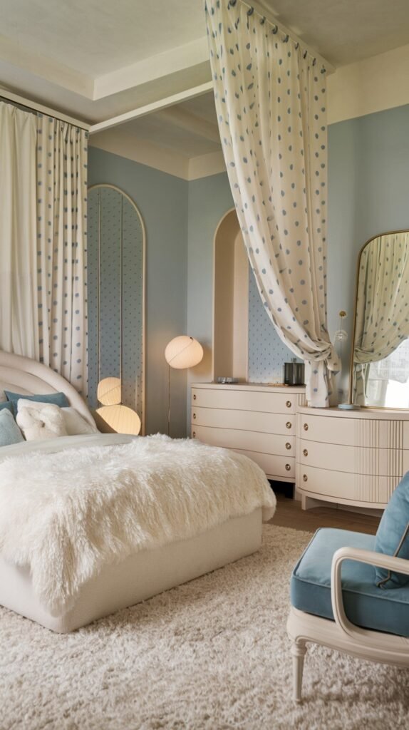 A dreamy and pretty gentle bedroom with light blue walls, a bed covered in a fluffy white throw, blue and white polka dot curtains, and a light blue upholstered armchair.