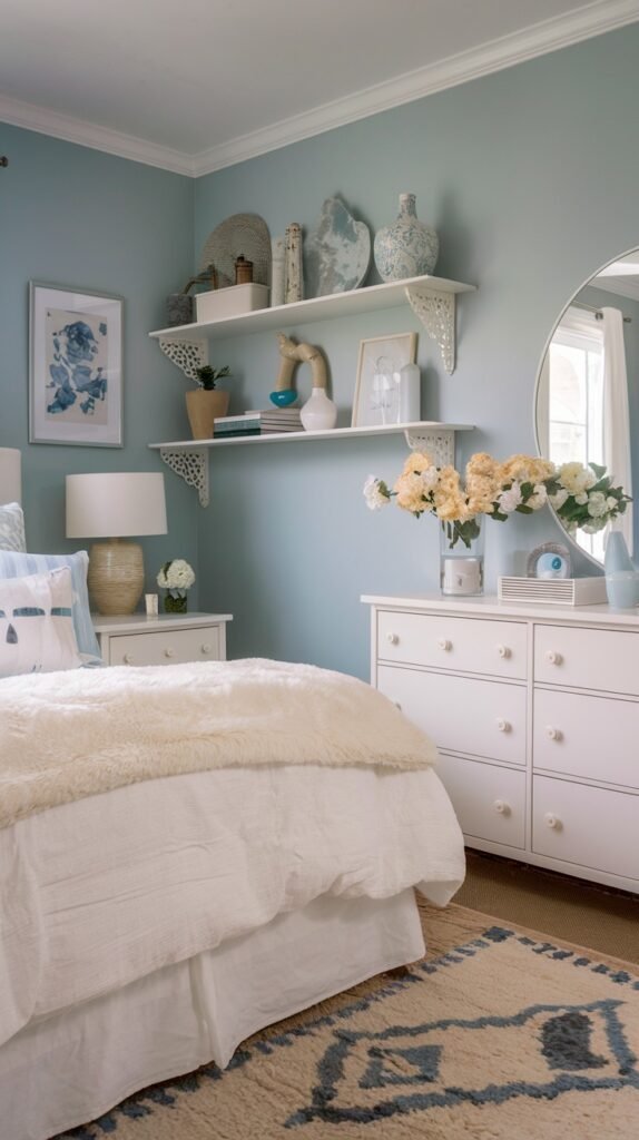 A serene and pretty gentle bedroom with light blue walls, a white bed with a fluffy white duvet, white wall shelves displaying decorative items, and a white dresser.