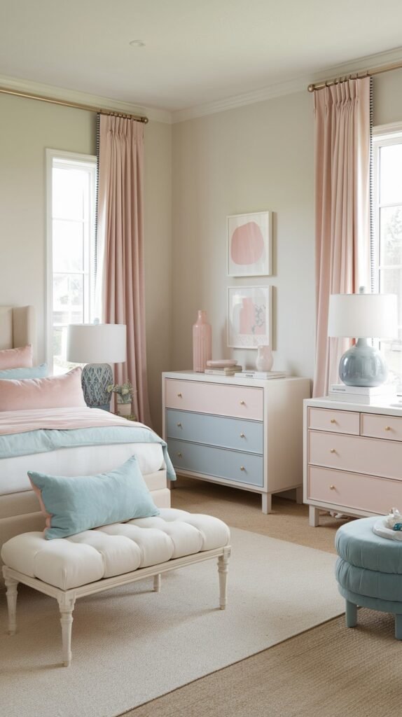 A sophisticated and pretty gentle bedroom in neutral tones with pink and light blue accents, featuring a bed with mixed bedding, pink curtains, and a dresser with colorful drawers.