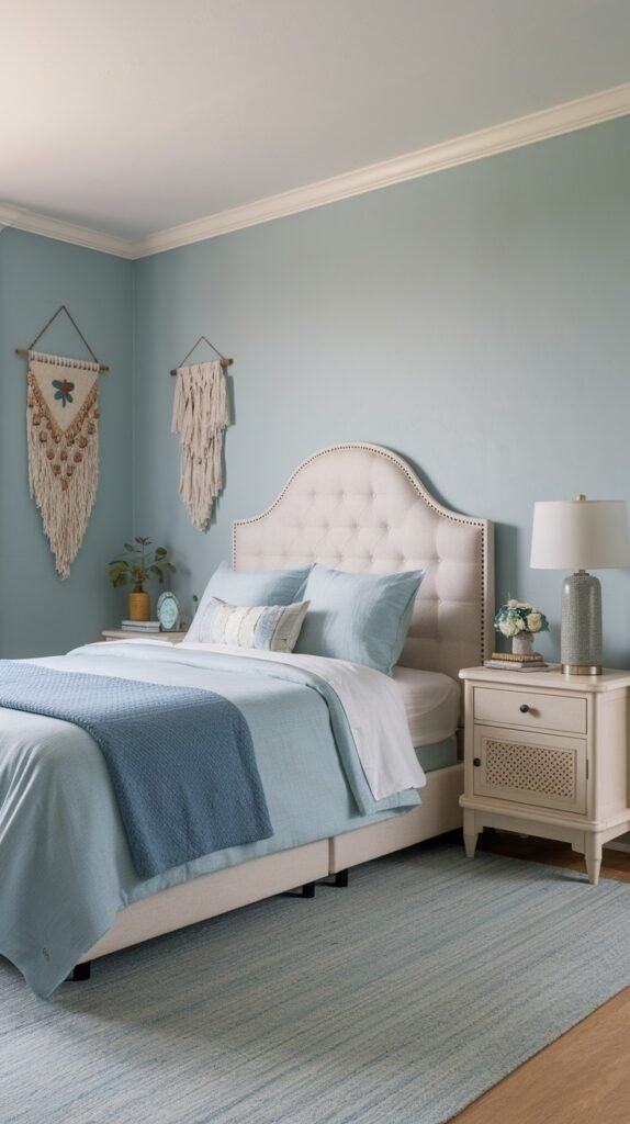 A pretty gentle bedroom featuring a cream tufted headboard, light blue bedding, and serene light blue walls, decorated with macrame wall hangings and a wooden nightstand with a lamp.