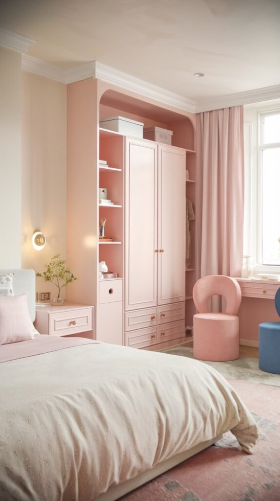 A monochromatic pretty gentle bedroom in shades of pink, featuring a bed with light bedding, a pink built-in wardrobe and shelving unit, and a round pink chair.