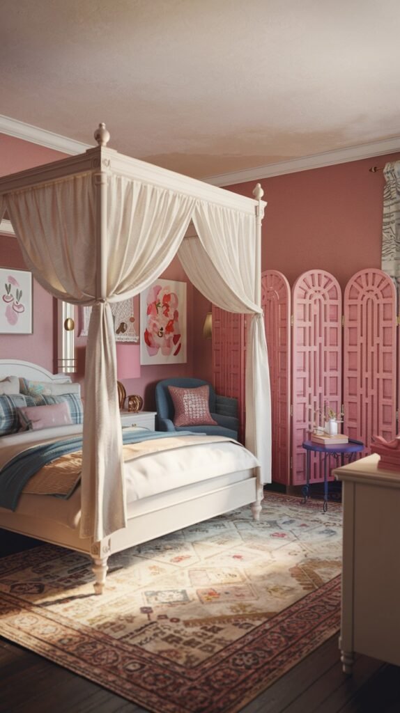 A colorful and pretty gentle bedroom with deep pink walls, featuring a white four-poster bed with drapes, a decorative pink room divider, and a patterned area rug.